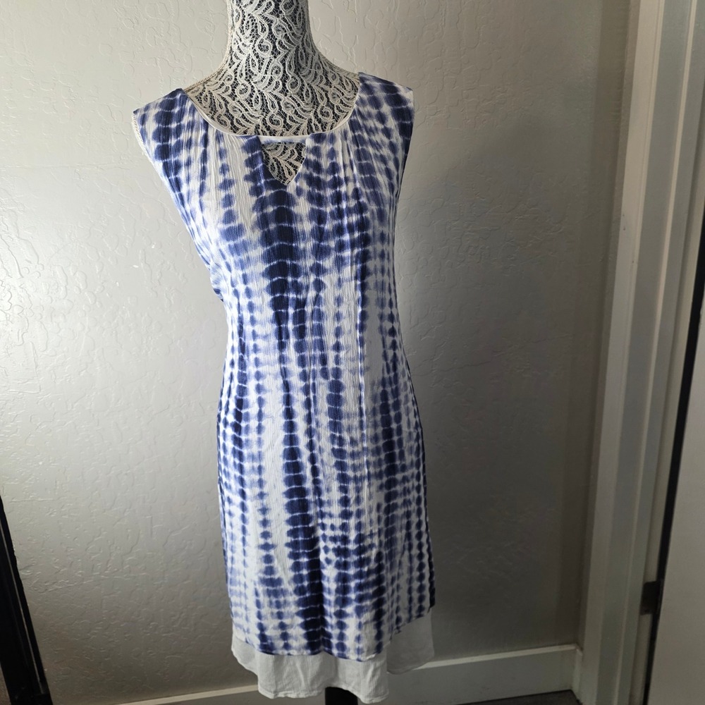 Nina Leonard Sleeveless Swing Dress Womens 2X Blue White Tie‎ Dye Layered Knit